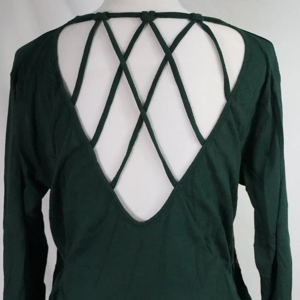 Oversized Peekaboo Back Mono b Womens Medium Top Long Sleeve Shirt Hunter Green - Picture 4 of 7